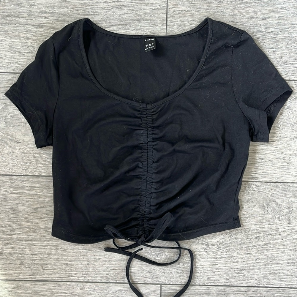 Dressy black T-shirt with drawstring front